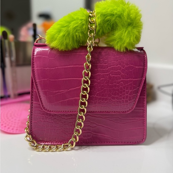 Pink Croc-Embossed Top-Handle Bag with Lime Faux-Fur Handle - Picture 2 of 6